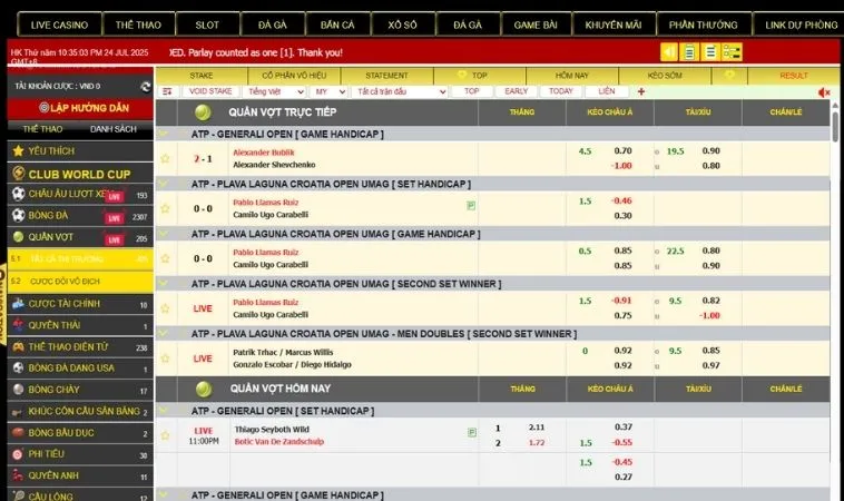 Bảng kèo cá cược quần vợt K9WIN